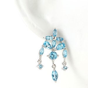 Deluxe Gen Blue Topaz Dec Sterling Silver Chandelier Stud Earrings New Free Ship