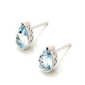 Genuine Blue Topaz Dec Big 925 Sterling Silver Pear Stud Earring New Free Ship