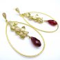 earrings with siam red swarovski crystal briolette and teardrop gold plated metal pendant