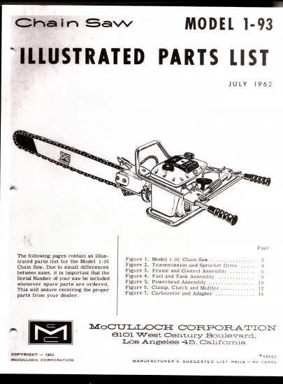 Chain Saw Parts List McCulloch Model 1-93 mcculloch chainsaw engine diagrams 