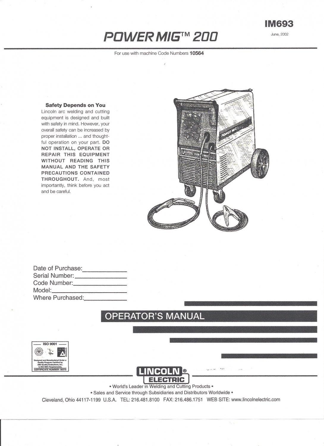 Lincoln Electric POWER MIG 200 Welder Operator;s Maual ( Copy)