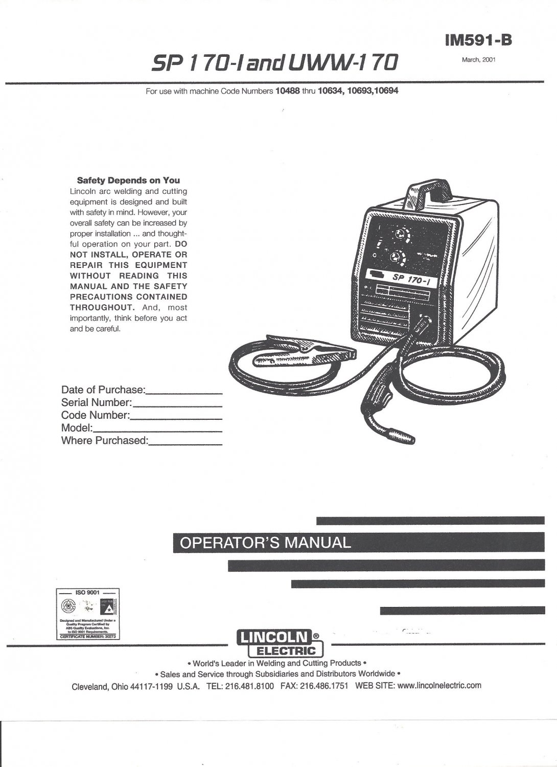 Lincoln Electric Sp 170 1 Uww 170 Welder Operator S Manual Copy