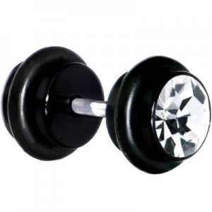 16g Fake Ear Plug O-Ring Earlets Earrings Black Plated with Stone 6ga 4mm Look White Gem