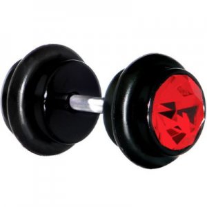 16g Fake Ear Plug O-Ring Earlets Earrings Black Plated with Stone 6ga 4mm Look Red Gem