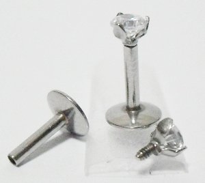 16ga 6mm Steel Internal Thread Labret Lip Monroe Tragus White CZ Gem