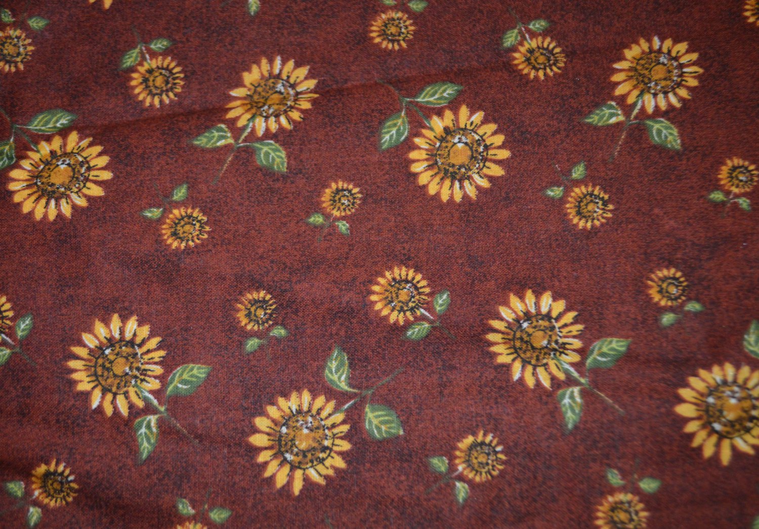 Sunflowers Cotton Fabric on Rust Brown Red Background Material 84"x 45"