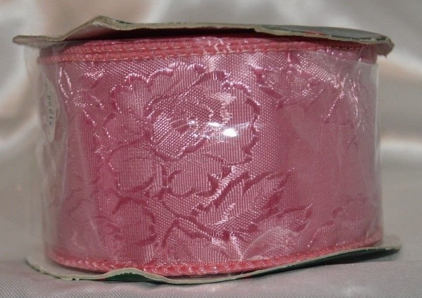 Pink w/ Flowers Wired Edge Ribbon 2 inch by 10 Yards Valentine Nylon Polyester