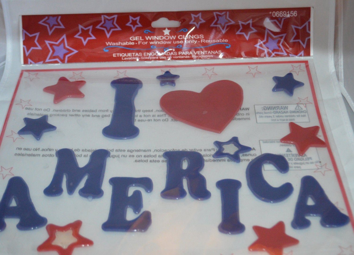 I Love America Gel Window Clings Red Heart White Blue Decoration