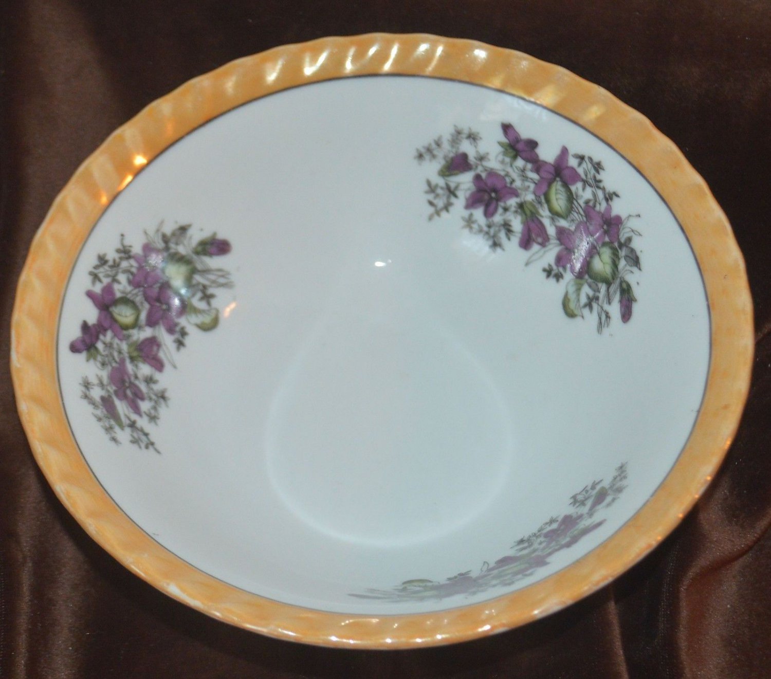Orange Trim Purple Violets Bowl Cereal Salad Fine Serving Japan