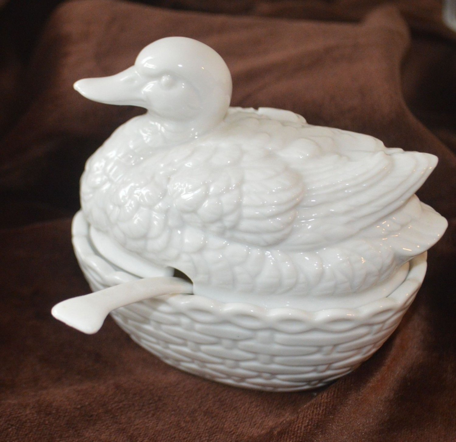 Miniature White Ceramic Duck on woven basket w/ Ladle