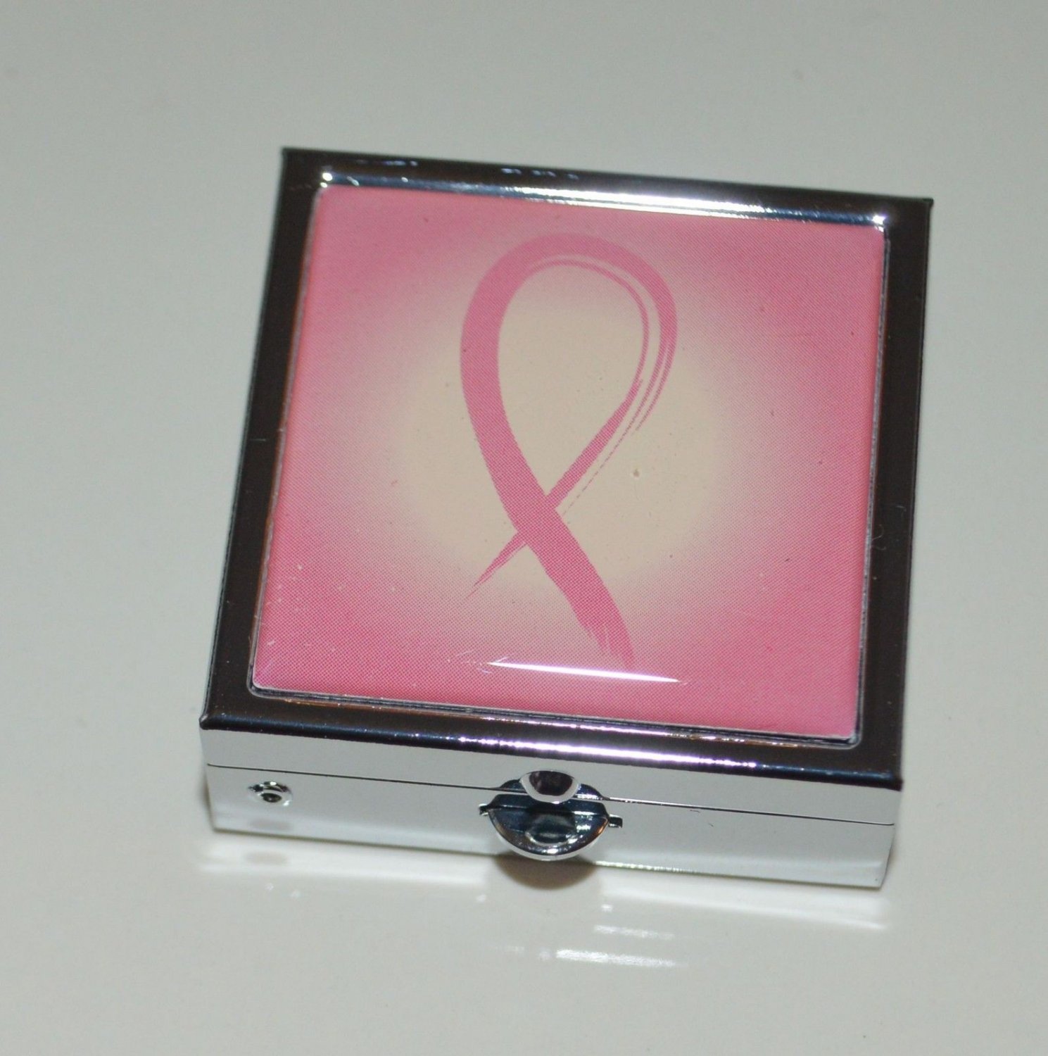 Pink Ribbon Enamel Silver Tone Metal Pill Box