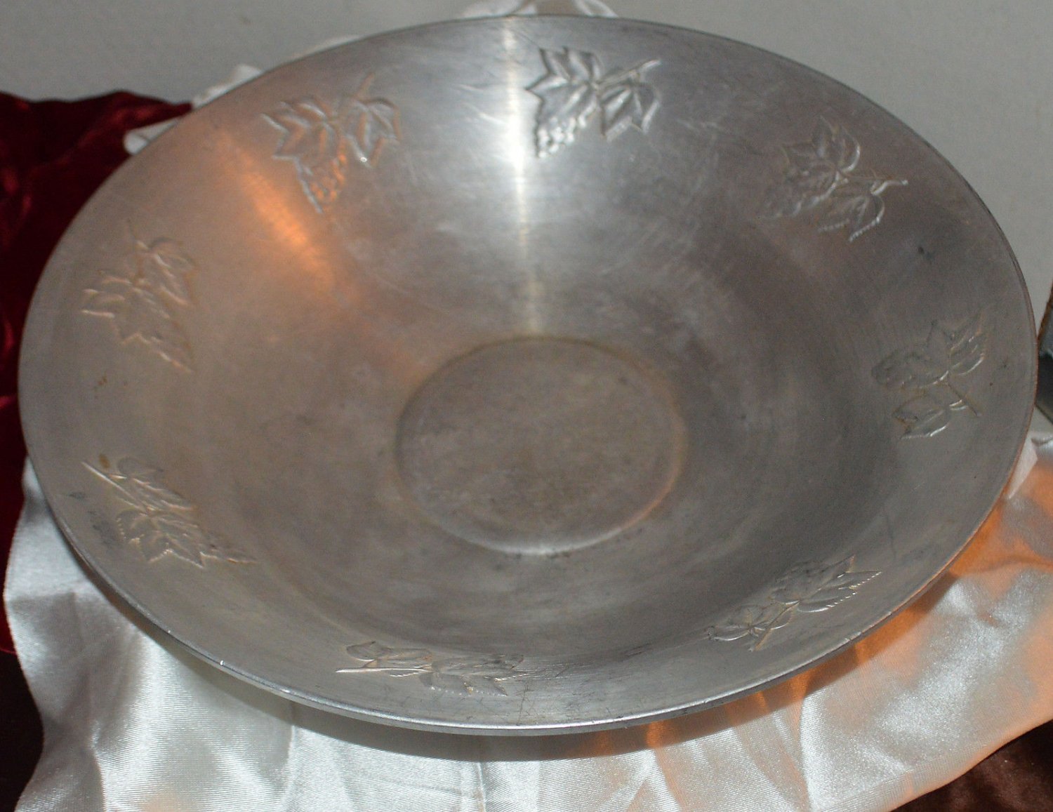 Large Pewter or Aluminum Bowl with Leaf Design