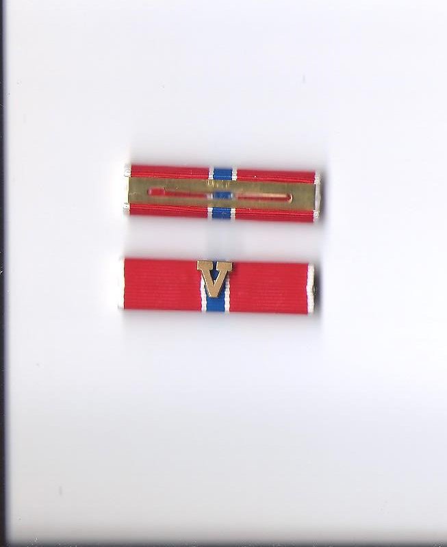 Ribbon bar for Bronze Star Medal with V for Valor device.