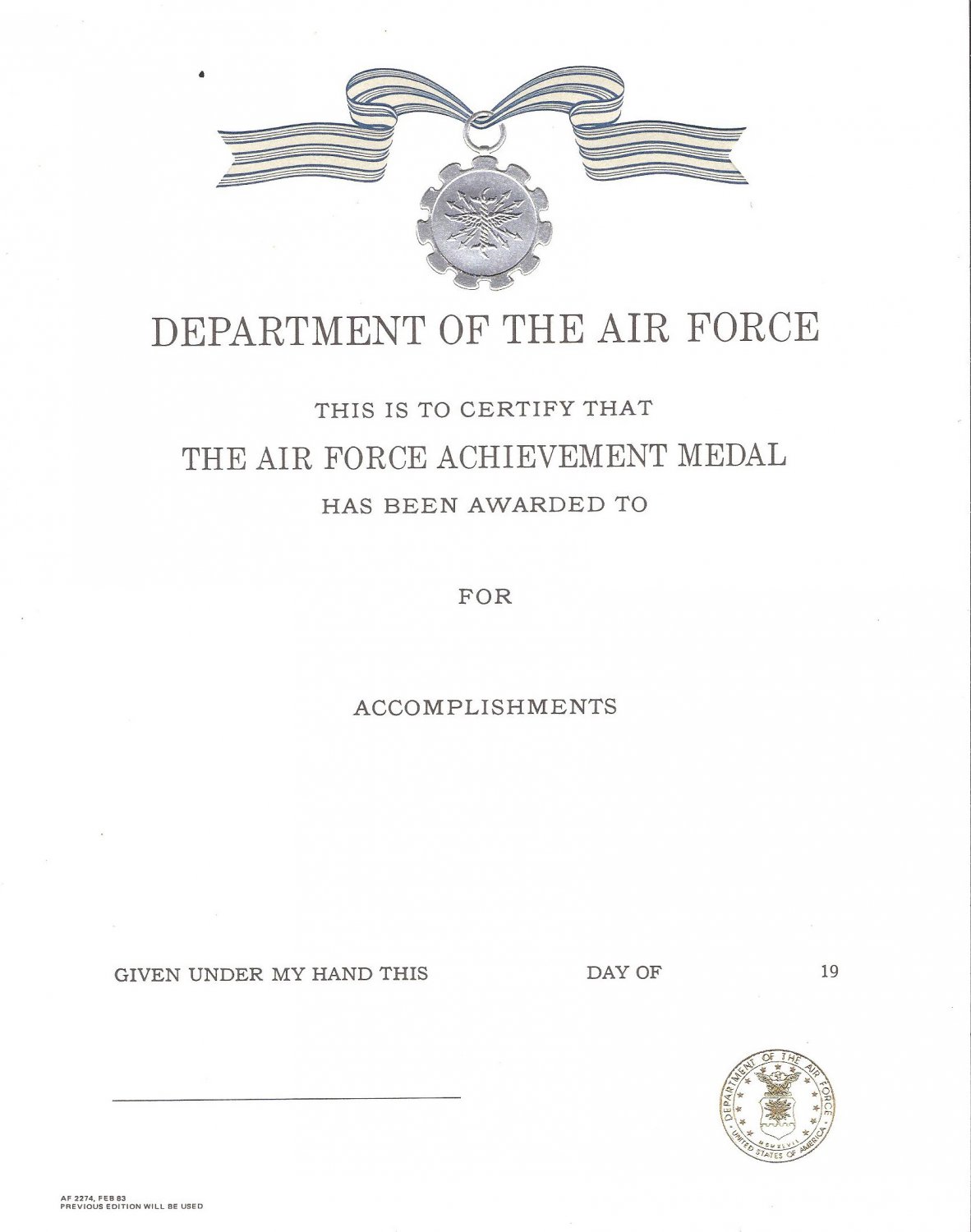 Genuine Usaf Air Force Achievement Medal Certificate 6476