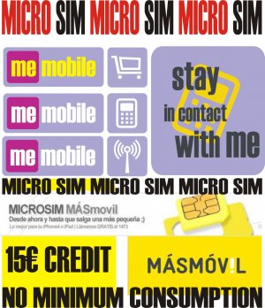 Mas Movil spanish micro Sim card for Spain with 15 &acirc;�&not; credit