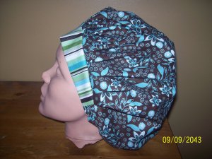 Brown and Blue bouffant scrub hat