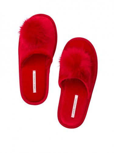 Victoria's Secret Red Plush Pom Pom Slippers