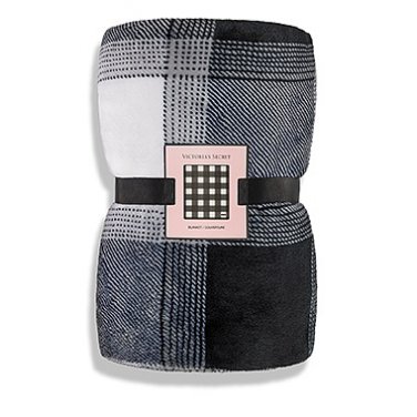Victoria's Secret Crushed Velvet Black & White Plaid Throw Blanket