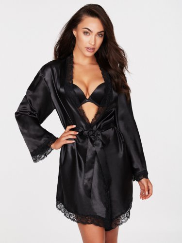 Frederick&acirc;��s of Hollywood Julietta Black Satin and Lace Robe
