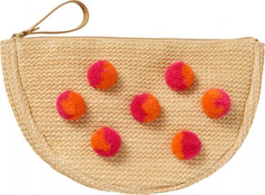 Woven Straw Pom Pom Makeup Bag