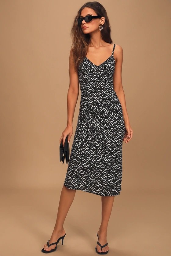 Midi Slip Dress Black and White Heart Print Small