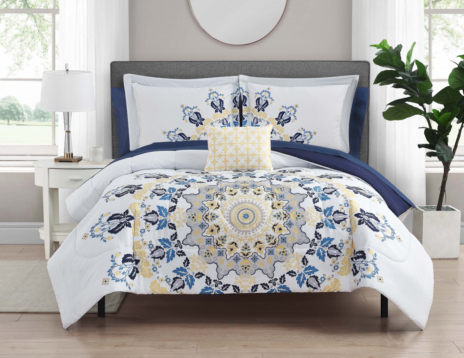 8 Piece Navy and Yellow Medallion Bedding Set Queen