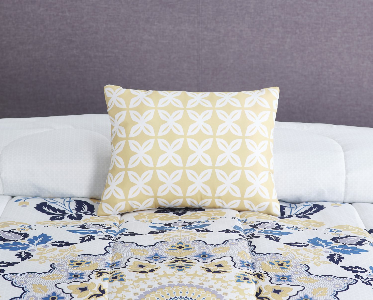 8 Piece Navy and Yellow Medallion Bedding Set Queen