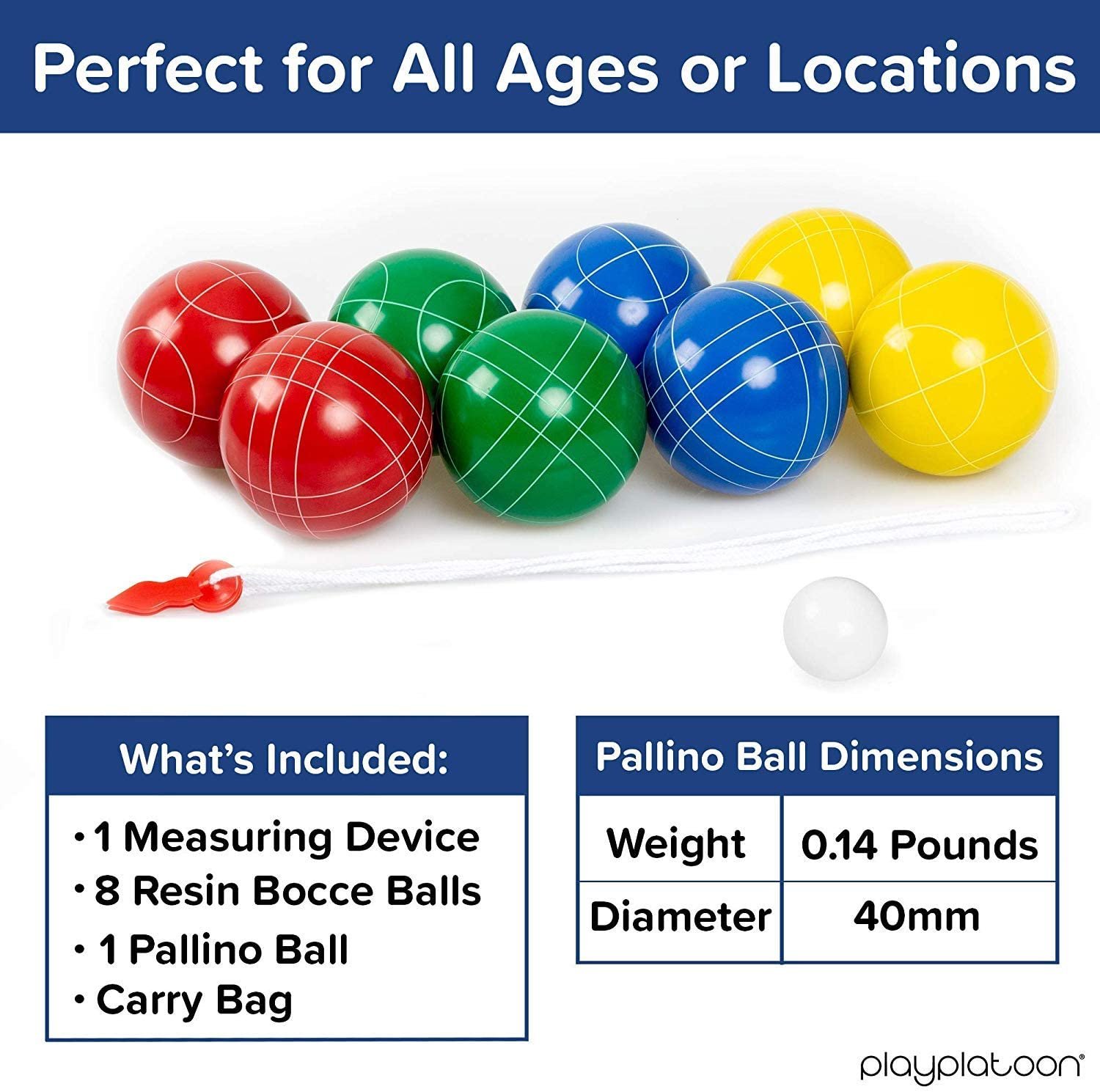 Bocce Ball Set 8 Premium Bocce Balls, Pallino, Carry Bag & Measuring Rope