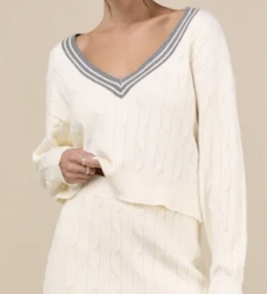 Lulu&acirc;��s Cable Knit Varsity Sweater Ivory/Grey Medium