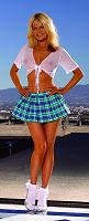 School girl with pleated mini skirt and short sleeve tie front top