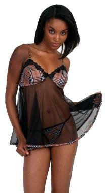 Sheer babydoll with burburry plaid bra-cups n trim. scalloped lace