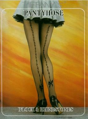 Sheer pantyhose with flocked bow-back design with rhinestone