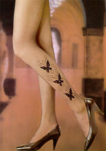 Pantyhose with flocked butterfly design with rhinestone
