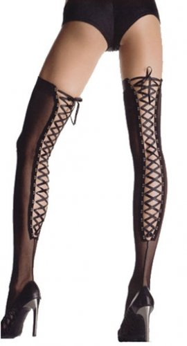Lycra mesh thigh highs with metal hooks and stain ribbon lace