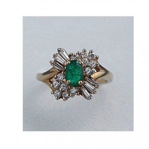 Estate 14 Kt Yellow Gold Oval Columbia Emerald and Diamond Engagement Ring Circa 1970's