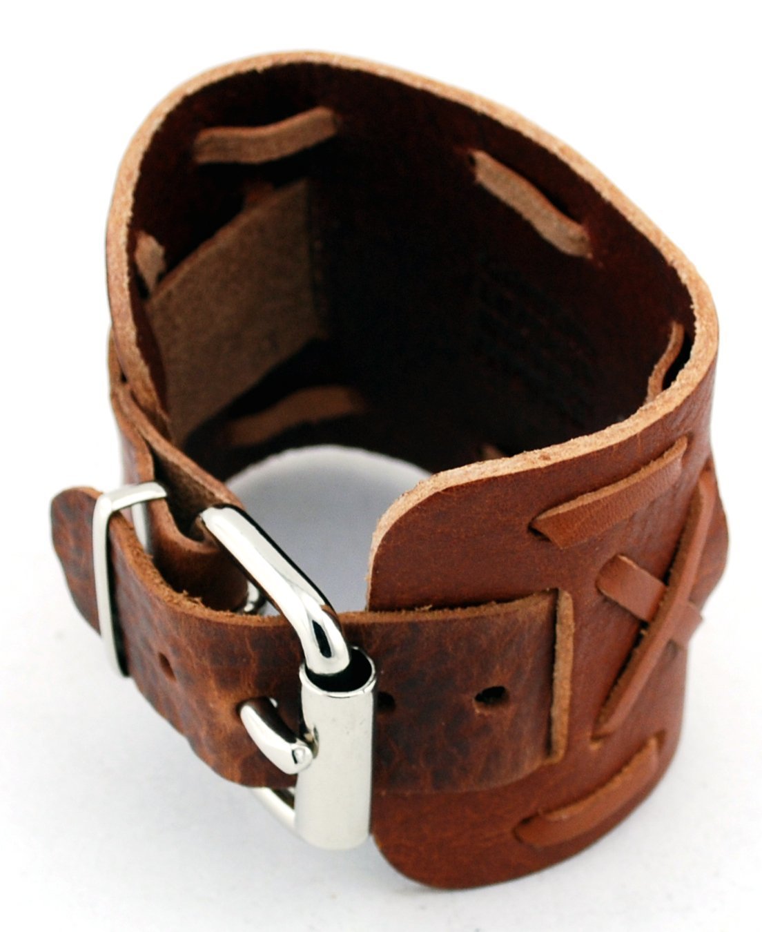 Brown leather cuff bracelet with adjustable buckle