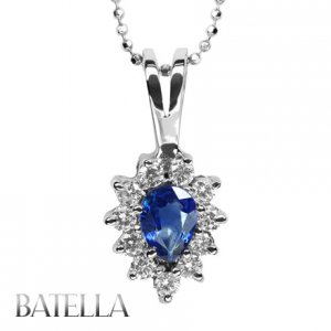 .84 Ct Pear Blue Sapphire & Natural Round Diamond Pendant & Chain 14k White Gold