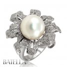 2.16 Carats 10.5mm Pearl & Pave Round Cut E-F/SI2,3 Diamonds Ring 18k White Gold