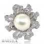 2.16 Carats 10.5mm Pearl & Pave Round Cut E-F/SI2,3 Diamonds Ring 18k White Gold