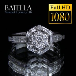 0.75 Ct E VS1-VS2 EX Invisible Round Cut & Baguette Diamonds Ring 18k White Gold