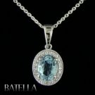 2.11 Ct Blue Topaz Oval Gemstone, White Round Zircon Sterling Silver 925 Pendant