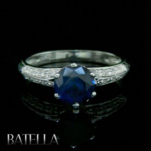 1.89 Ct Round Cut Blue Sapphire Gemstone & Natural Diamonds Ring 18K White Gold