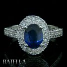 1.91 Ct Oval Blue Sapphire Gemstone & Round Diamonds Set In Pave Ring 18K W Gold