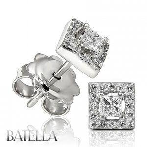 .46 Ct E/VVS1 Halo Setting Princess & Round Diamond Stud Earrings 14k White Gold