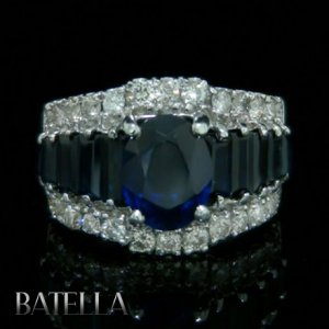 5.65 Ct Blue Sapphire Gemstones & Natural Round Cut Diamonds Ring 18K White Gold