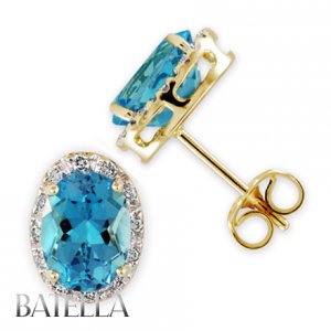 2.40 Carat Blue Topaz & Diamonds Stud Earrings 14k Gold