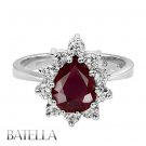 5.28 Carats Pear Cut Red Ruby & Round Diamonds Engagement Ring 14k White Gold