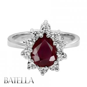 5.28 Carats Pear Cut Red Ruby & Round Diamonds Engagement Ring 14k White Gold
