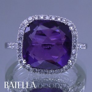 7.68 Ct Cushion Amethyst Gemstone & Natural Round Diamonds Ring 18k White Gold