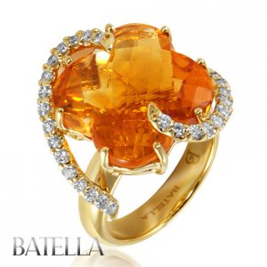 Romantic 13.66 Ct Flower Citrine & Natural Round Diamonds Ring 18k Yellow Gold